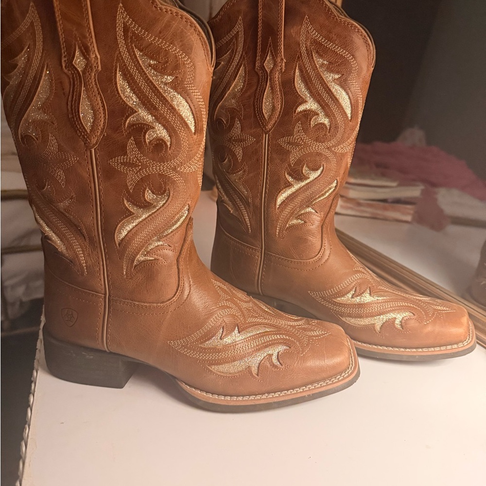 Womens Ariat Brown Leather Gold Sparkle Cowboy Boots 8 1/2 - Picture 3 of 6